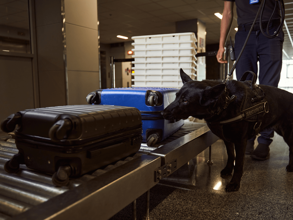 K-9 dog sniffing luggage at an airport